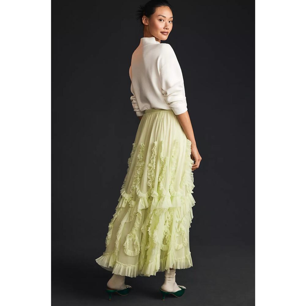 By Anthropologie Ruffled Tulle Skirt Green Midi Maxi XXS - Picture 5 of 12